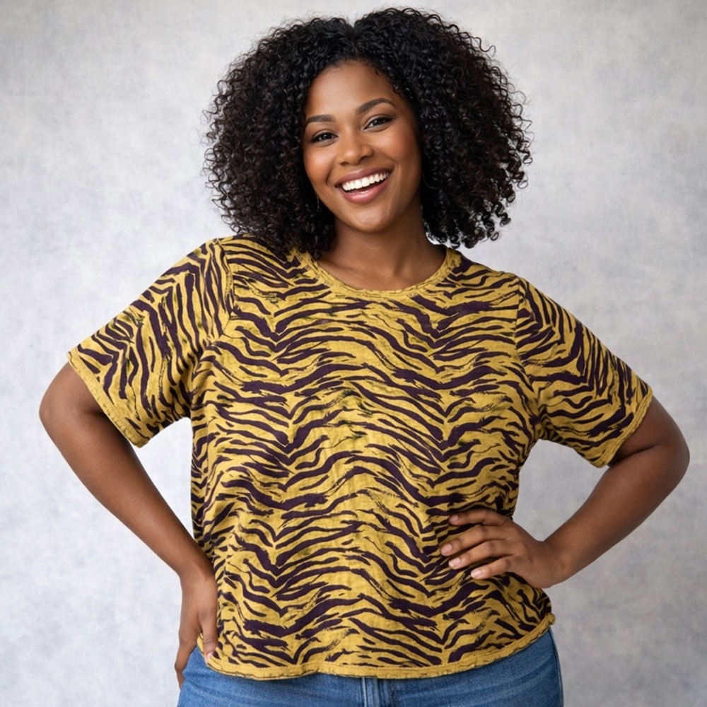 Logo By Lori Goldstein Purple Gold Tiger Print Short Sleeve Top Size L